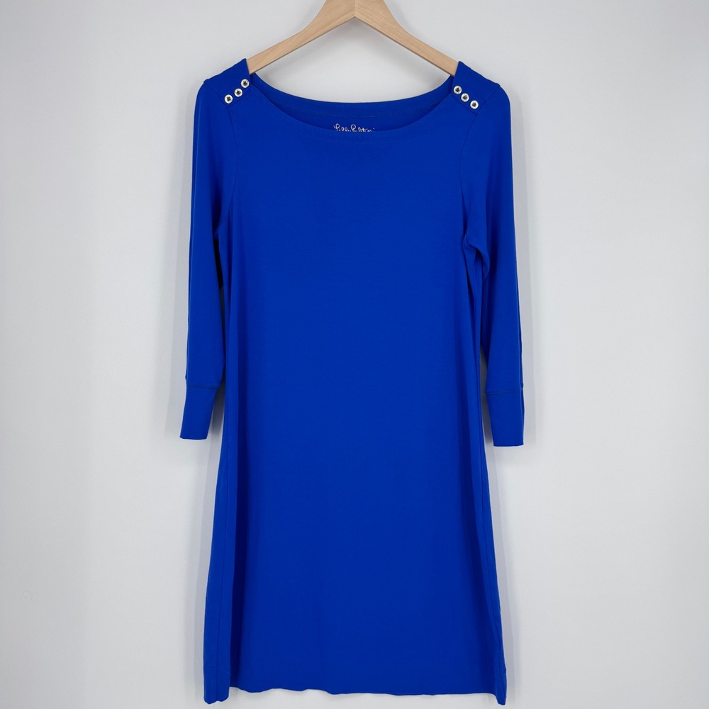 Lilly Pulitzer Sophie UPF 50 Shift Dress Womens M Blue 3/4 Sleeve Gold Button - Picture 2 of 11